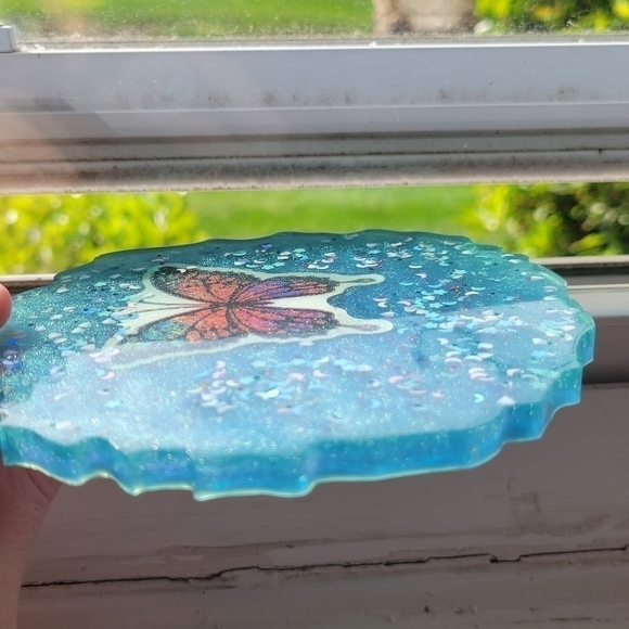 NEW Handmade Blue Resin Tray/ Coaster Piece With Butterfly And Moons Etc. - Picture 6 of 12